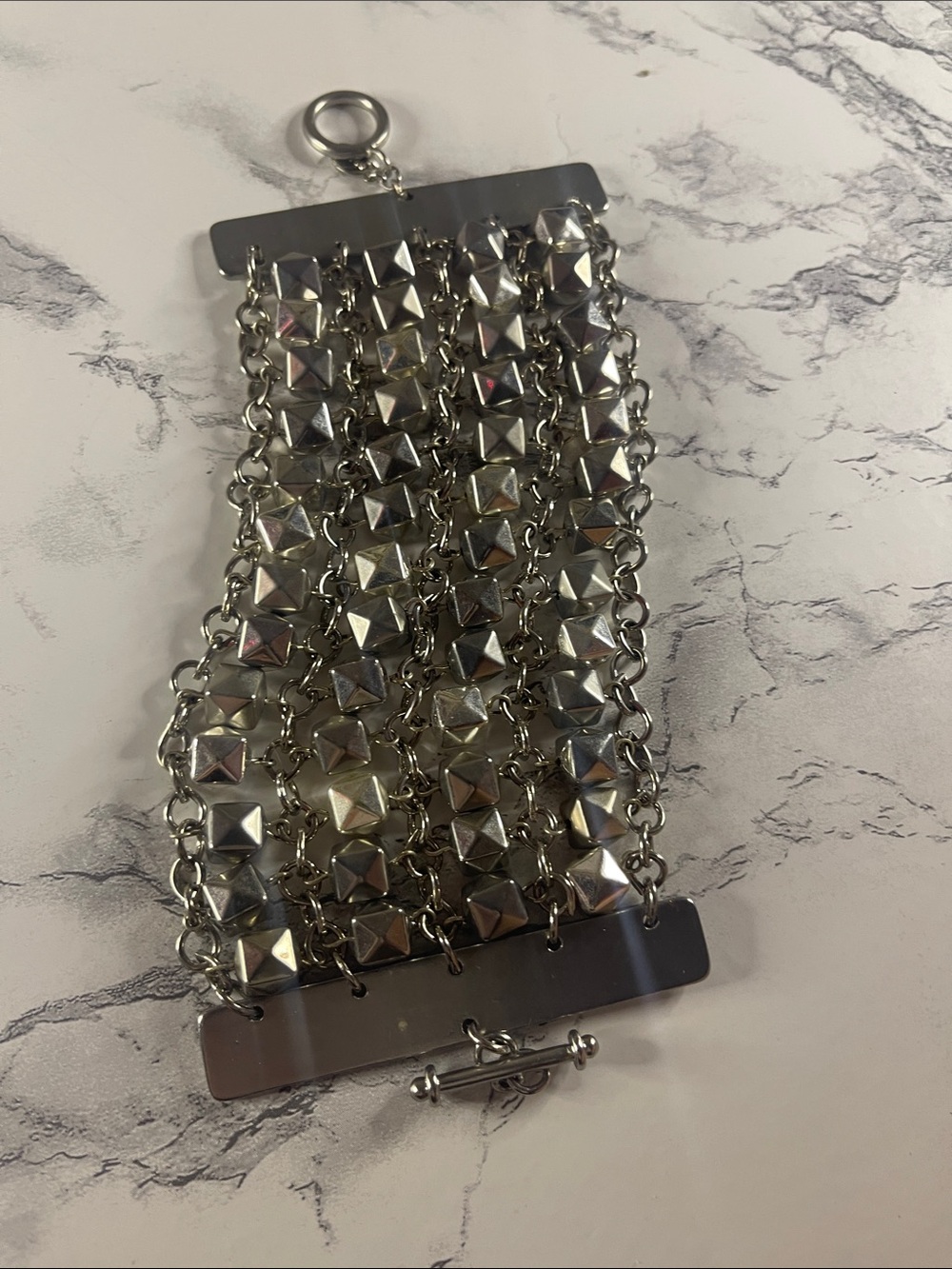 Silver Pyramid Stud Multi-Row Chain Bracelet